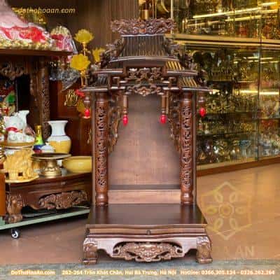 Bàn Thờ Thần Tài Thổ Địa Gỗ Gụ Mái Dốc Màu Nâu
