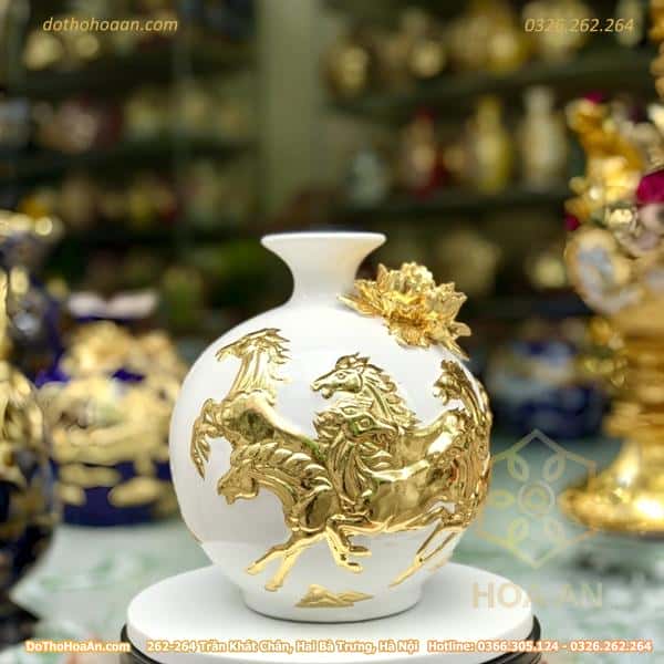 Bình Hút Lộc Mã Đáo Thành Công Men Màu Dát Vàng-mau-trang(variation) Bình Hút Lộc Mã Đáo Thành Công Men Màu Dát Vàng