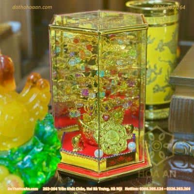 Bộ Ban Thờ Thần Tài Gỗ Xoan Mái Bằng Chân Quỳ Màu Nâu Sứ Kim Sa Vàng2