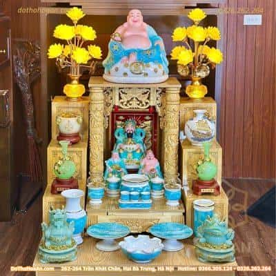 Bộ Ban Thờ Thần Tài Gỗ Xoan Mái Bằng Cột Rồng Màu Vàng Sứ Vân Đá Xanh 02