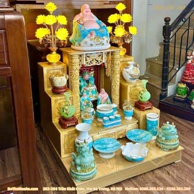 Bộ Ban Thờ Thần Tài Gỗ Xoan Mái Bằng Cột Rồng Màu Vàng Sứ Vân Đá Xanh 022