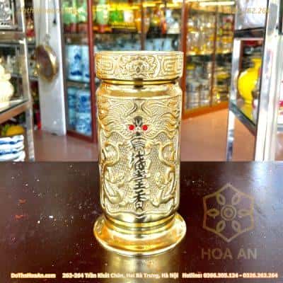 Ống Đựng Hương Đồng Vàng Khắc Nổi Rồng