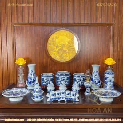 Bộ Đồ Thờ Gia Tiên Men Lam – bộ cơ bản, bàn thờ ngang 127 -155 cm