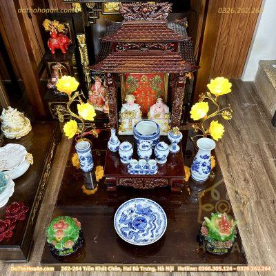 Bộ Ban Thờ Thần Tài Gỗ Xoan 2 Mái Chùa Màu Nâu Sứ Men Lam