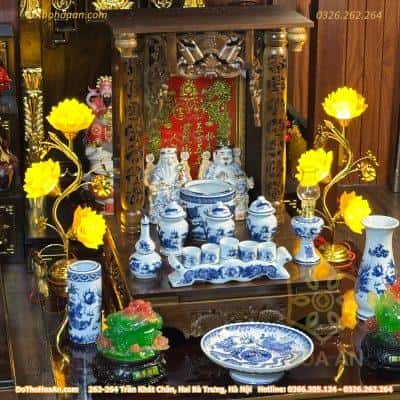 Bộ Ban Thờ Thần Tài Gỗ Xoan Sứ Men Lam 2