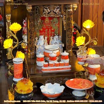 Bộ Ban Thờ Thần Tài Gỗ Xoan Sứ Vân Đá Đỏ