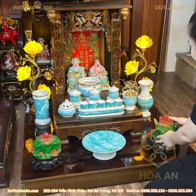 Bộ Ban Thờ Thần Tài Gỗ Xoan Sứ Vân Đá Xanh