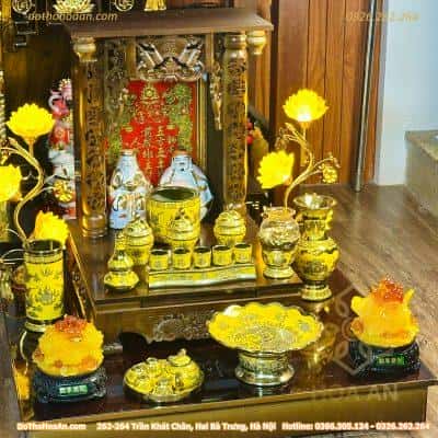 Bộ Ban Thờ Thần Tài Gỗ Xoan Sứ Vàng Kim Sa