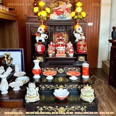 Bộ Ban Thờ Thần Tài Gỗ Sồi Hiện Đại Kết Hợp Kệ 3 Tầng Sứ Vân Đá Đỏ