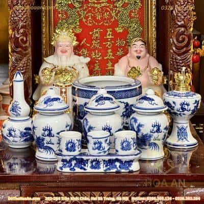 Bộ Ban Thờ Thần Tài Gỗ Xoan 2 Mái Chùa Màu Nâu Sứ Men Lam1