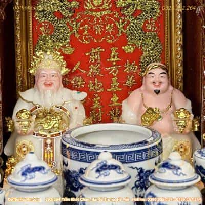 Bộ Ban Thờ Thần Tài Gỗ Xoan 2 Mái Chùa Màu Nâu Sứ Men Lam2