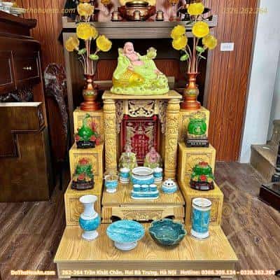 Bộ Ban Thờ Thần Tài Thổ Địa Gỗ Xoan Mái Bằng Cột Rồng Sứ Vân Đá Xanh