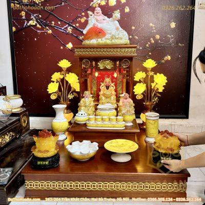 Bộ Ban Thờ Thần Tài Hiện Đại Gỗ Sồi Triện Sen Dát Vàng Màu Hương Sứ Vân Đá Vàng 1