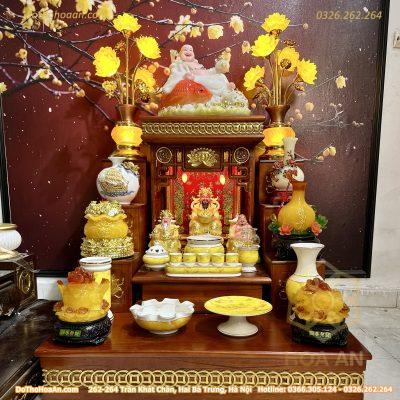 Bộ Ban Thờ Thần Tài Hiện Đại Gỗ Sồi Triện Sen Dát Vàng Màu Hương Sứ Vân Đá Vàng 2