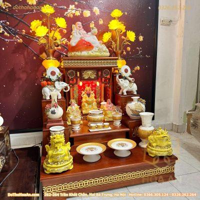 Bộ Bàn Thờ Thần Tài Hiện Đại Gỗ Sồi Triện Sen Dát Vàng Màu Hương Sứ Bát Nhã Tâm Kinh