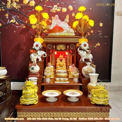 Bộ Bàn Thờ Thần Tài Hiện Đại Gỗ Sồi Triện Sen Dát Vàng Màu Hương Sứ Bát Nhã Tâm Kinh