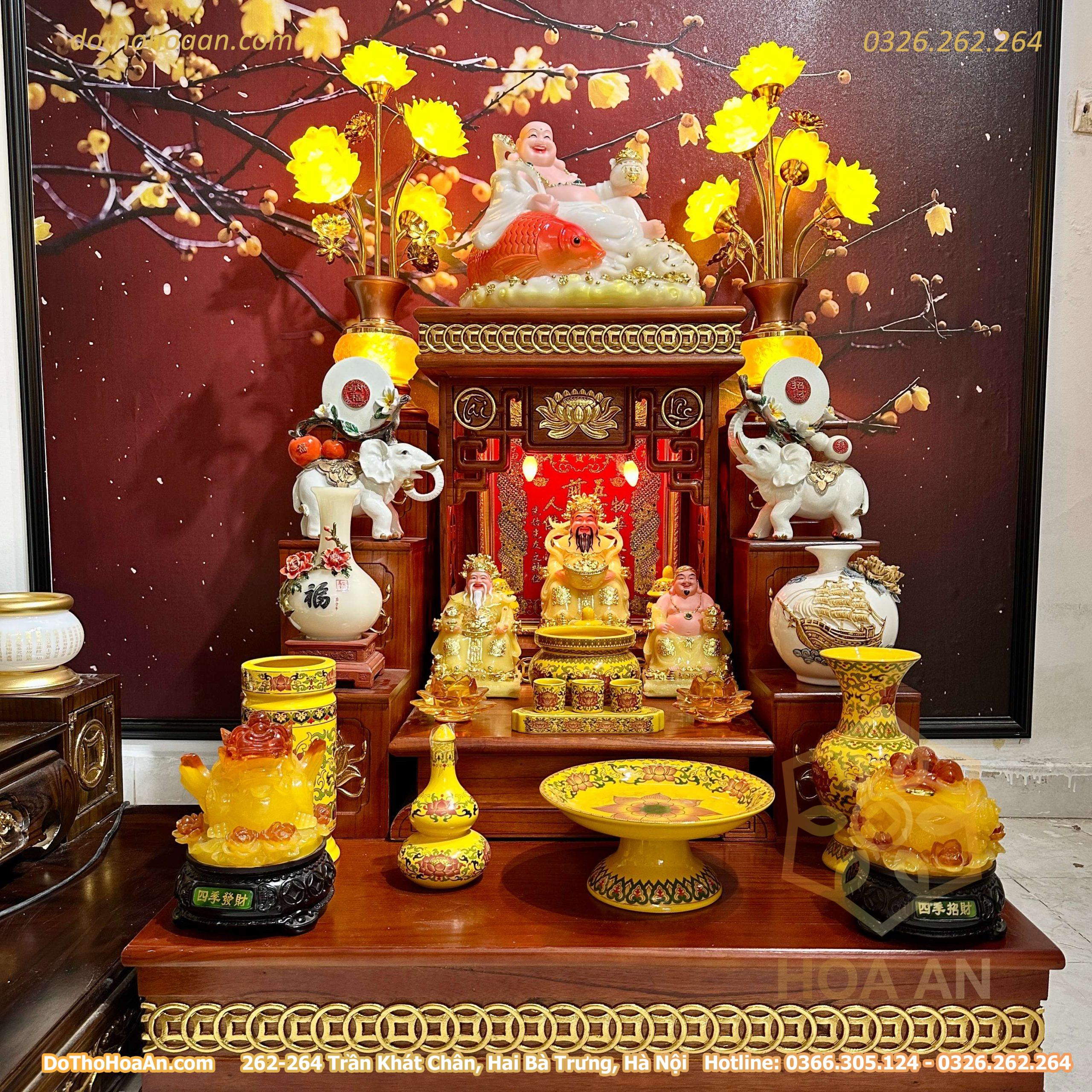 Bộ Ban Thờ Thần Tài Hiện Đại Gỗ Sồi Triện Sen Dát Vàng Màu Hương Sứ Gấm