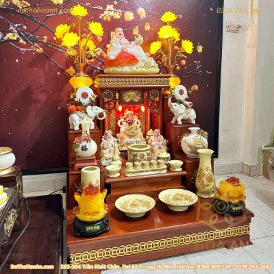 Bộ Ban Thờ Thần Tài Hiện Đại Gỗ Sồi Triện Sen Dát Vàng Màu Hương Sứ Vàng Ngà