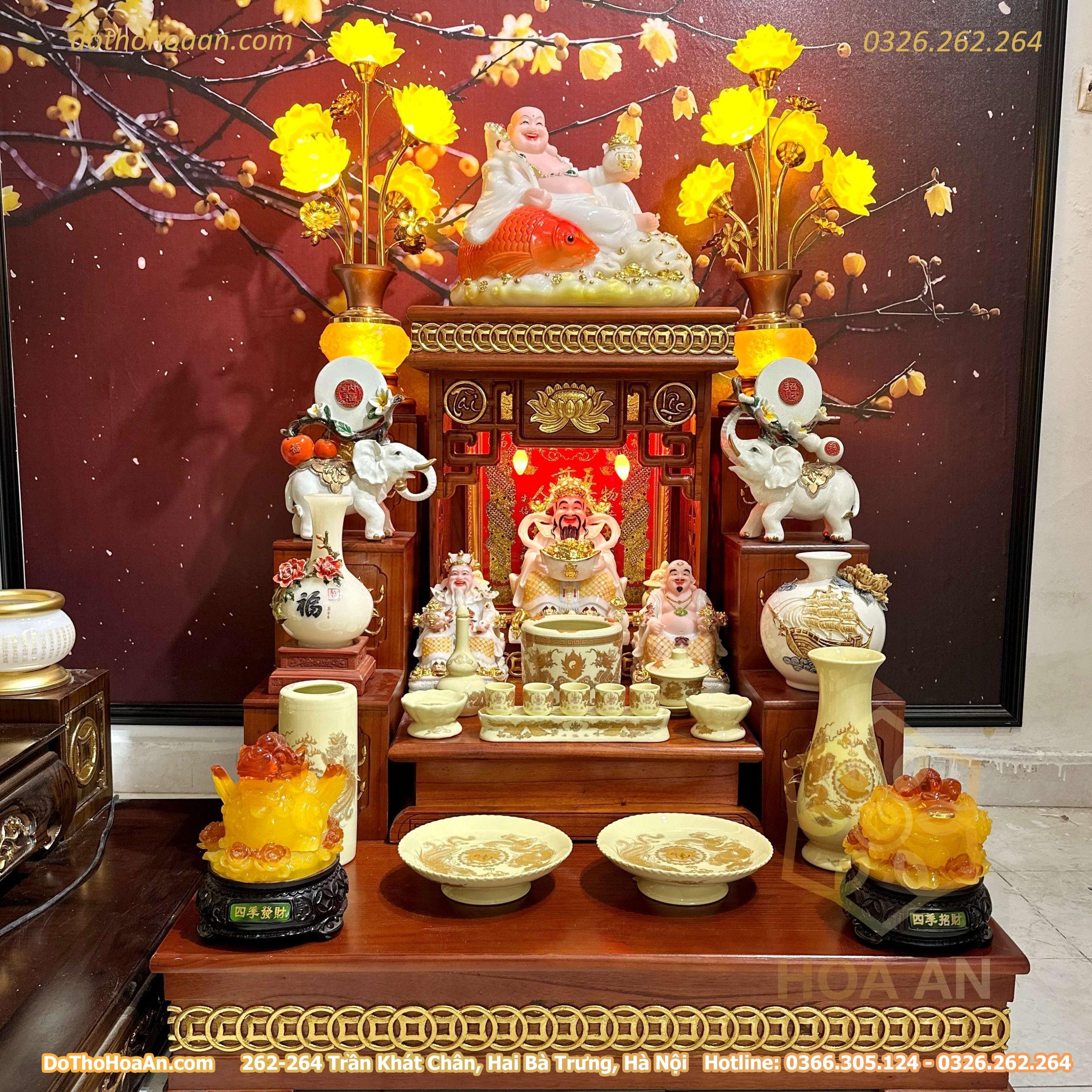 Bộ Ban Thờ Thần Tài Hiện Đại Gỗ Sồi Triện Sen Dát Vàng Màu Hương Sứ Vàng Ngà (3)