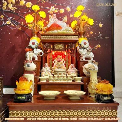 Bộ Ban Thờ Thần Tài Hiện Đại Gỗ Sồi Triện Sen Dát Vàng Màu Hương Sứ Vàng Ngà