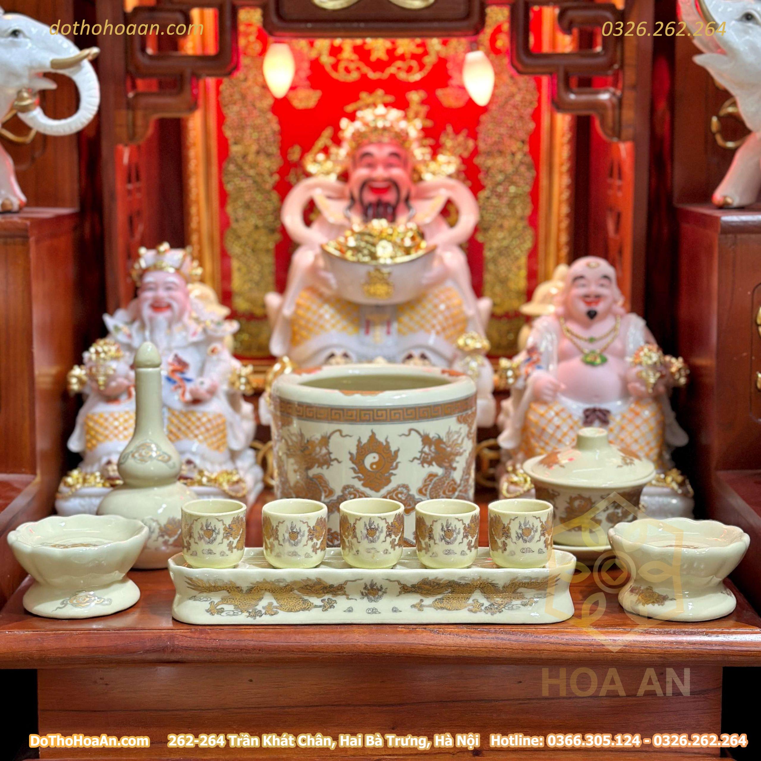 Bộ Ban Thờ Thần Tài Hiện Đại Gỗ Sồi Triện Sen Dát Vàng Màu Hương Sứ Vàng Ngà (6)