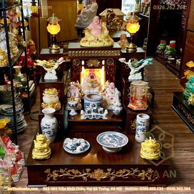 Bộ Bàn Thờ Thần Tài Hiện Đại Gỗ Sồi Triện Sen Dát Vàng Màu Nâu Sứ Men Rạn Vẽ