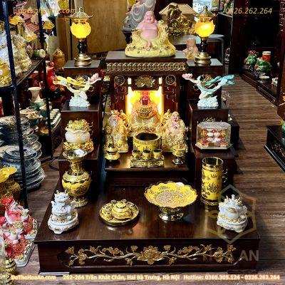 Bộ Bàn Thờ Thần Tài Hiện Đại Gỗ Sồi Triện Sen Dát Vàng Màu Nâu Sứ Men Vàng Kim Sa