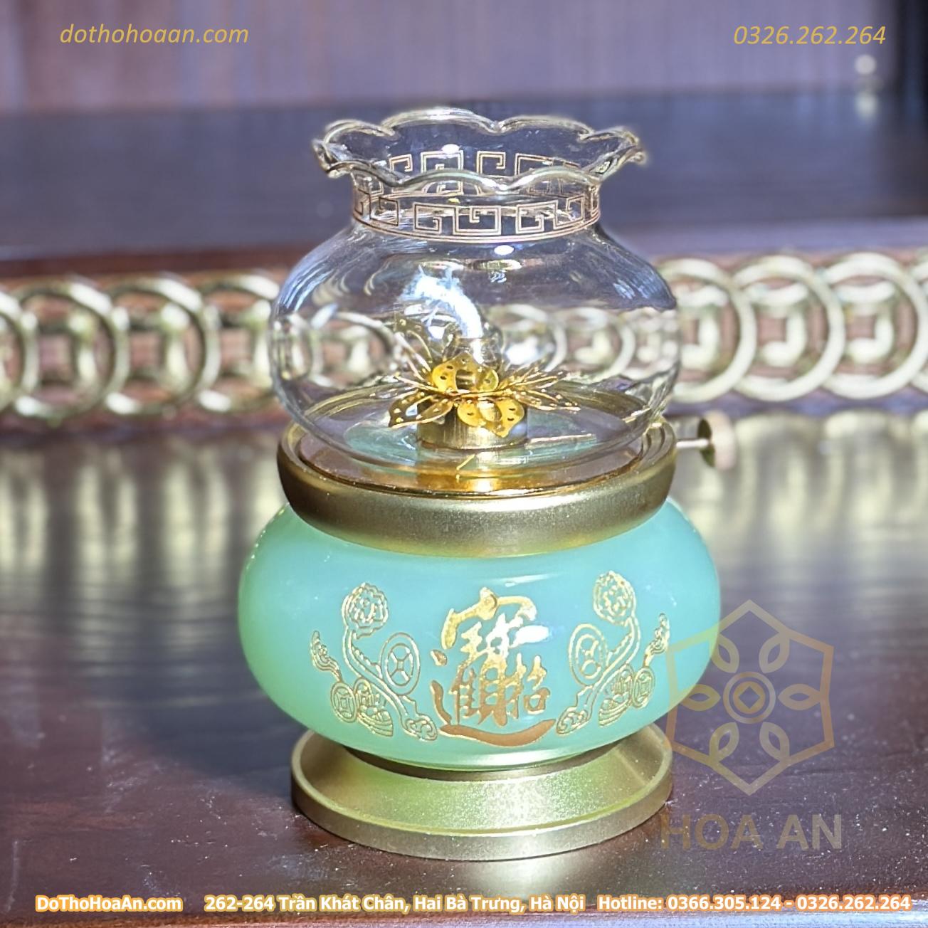 Đèn Dầu Lưu Ly Xanh Bọc Đồng (2)