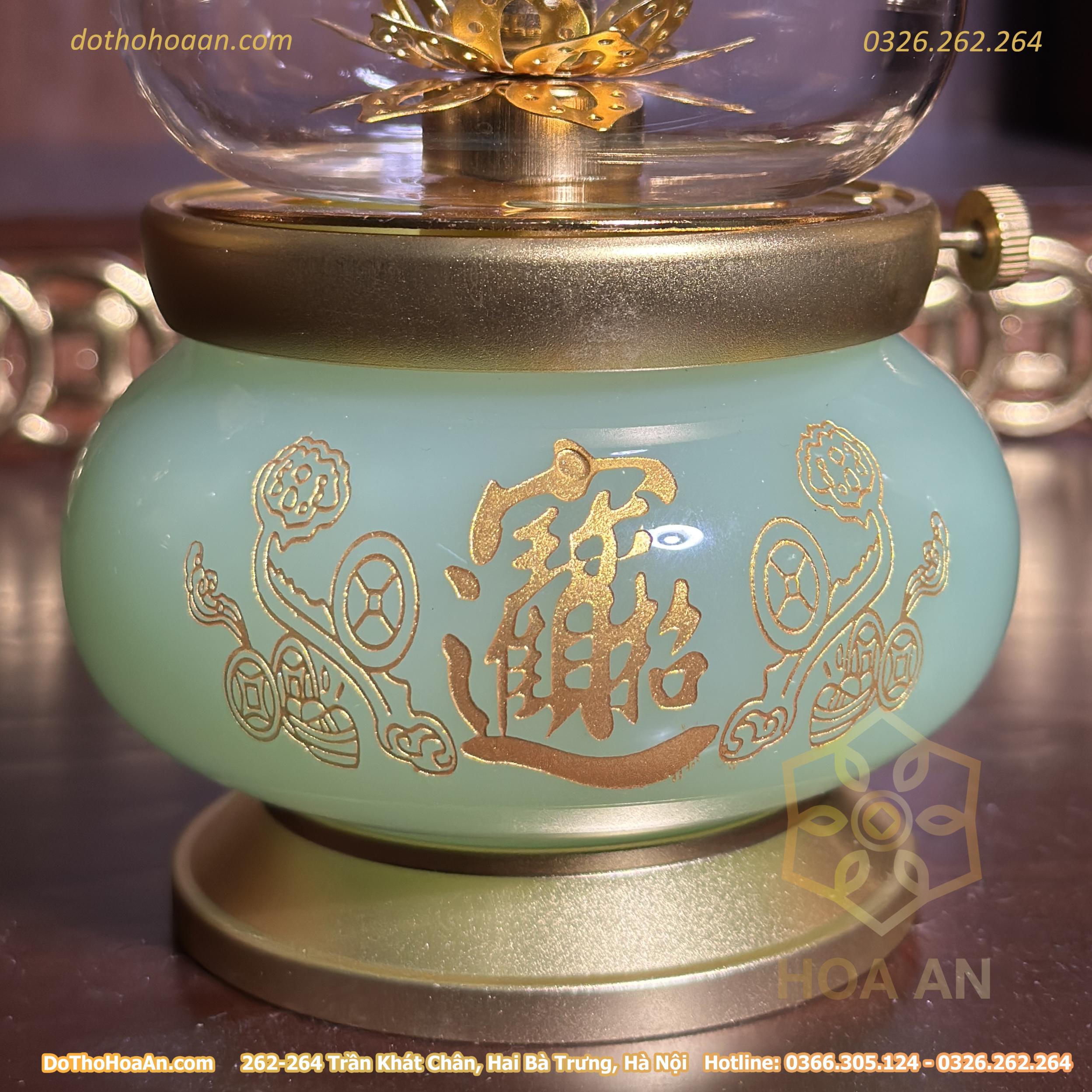 Đèn Dầu Lưu Ly Xanh Bọc Đồng (5)