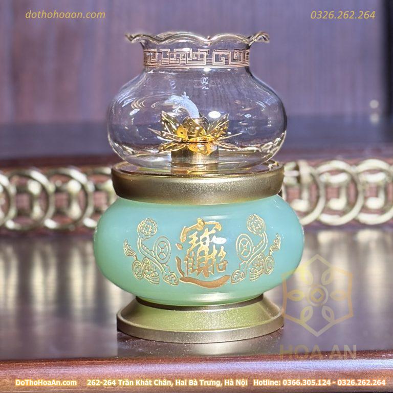 Đèn Dầu Lưu Ly Xanh Bọc Đồng