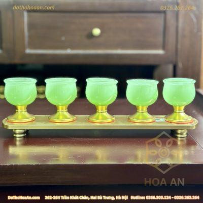 Khay 5 Chén Lưu Ly Xanh Bọc Đồng