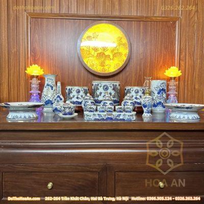 Bộ Đồ Thờ Gia Tiên Men Lam Vẽ Vàng- 24K bộ cơ bản bàn thờ ngang 127 -155 cm1