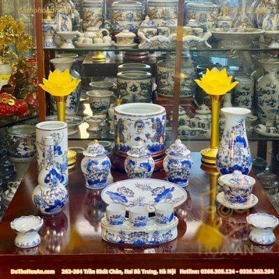 Bộ Đồ Thờ Thần Linh Sứ Men Lam Vẽ Vàng