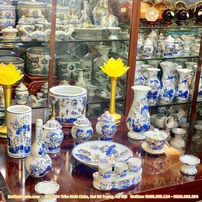 Bộ Đồ Thờ Thần Linh Sứ Men Lam Vẽ Vàng1