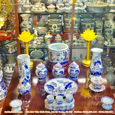 Bộ Đồ Thờ Thần Linh Sứ Men Lam Vẽ Vàng3