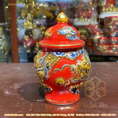Chóe Thờ Đắp Nổi Rồng Men Đỏ Vẽ Vàng 24K