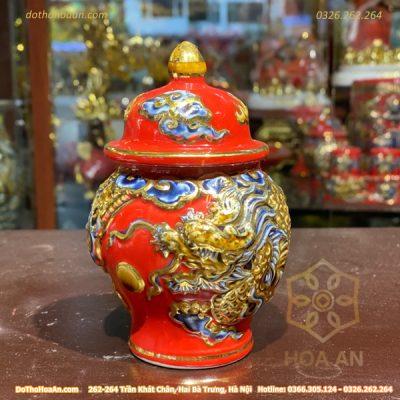 Chóe Thờ Đắp Nổi Rồng Men Đỏ Vẽ Vàng 24K1