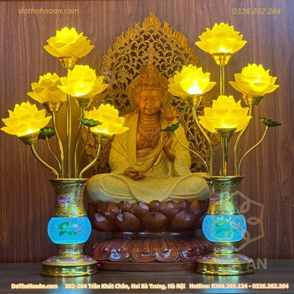 Đèn Thờ Hoa Sen 5 Bông Lưu Ly Thân Ngọc Gấm