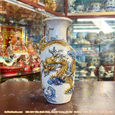 Lọ Hoa Lục Bình Rồng Men Rạn Đắp Nổi Vẽ Vàng 24K