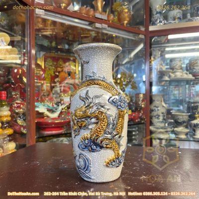 Lọ Hoa Lục Bình Rồng Men Rạn Đắp Nổi Vẽ Vàng 24K1
