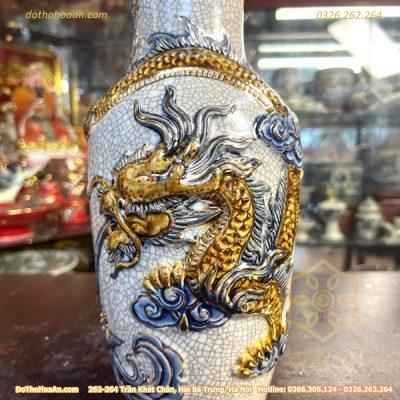 Lọ Hoa Lục Bình Rồng Men Rạn Đắp Nổi Vẽ Vàng 24K2