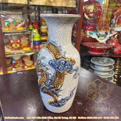 Lọ Hoa Lục Bình Rồng Men Rạn Đắp Nổi Vẽ Vàng 24K3