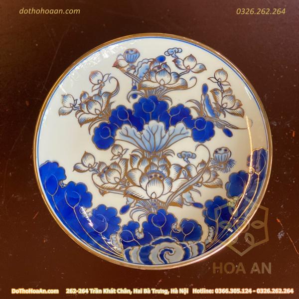 Mâm Bồng Thờ Chân Cao Men Lam Vẽ Vàng 24K1
