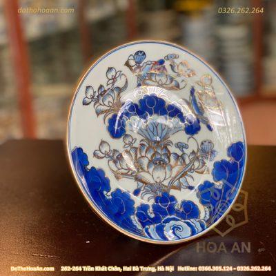 Mâm Bồng Thờ Chân Cao Men Lam Vẽ Vàng 24K2