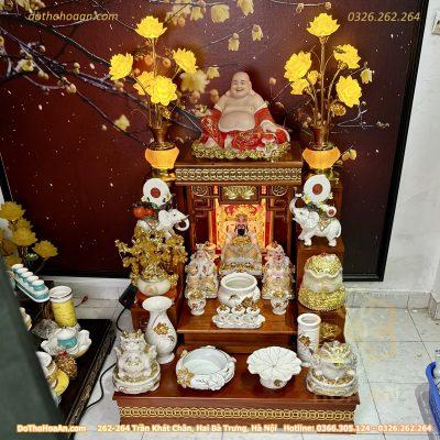 Bộ Ban Thờ Thần Tài Hiện Đại Gỗ Sồi Triện Sen Dát Vàng Màu Hương Sứ Bạch Ngọc Kim Sen