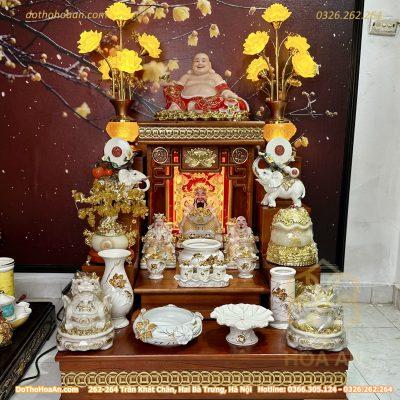 Bộ Ban Thờ Thần Tài Hiện Đại Gỗ Sồi Triện Sen Dát Vàng Màu Hương Sứ Bạch Ngọc Kim Sen