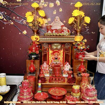 Bộ Ban Thờ Thần Tài Hiện Đại Gỗ Sồi Triện Sen Dát Vàng Màu Hương Sứ Đỏ Bát Tràng