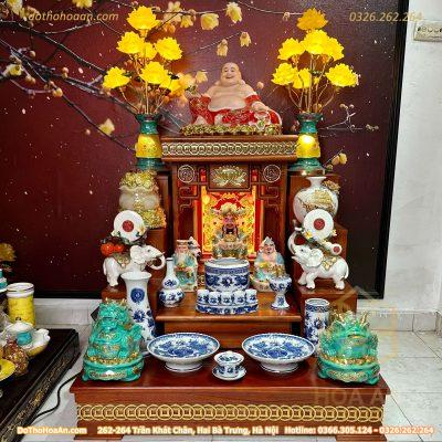 Bộ Ban Thờ Thần Tài Hiện Đại Gỗ Sồi Triện Sen Dát Vàng Màu Hương Sứ Men Lam