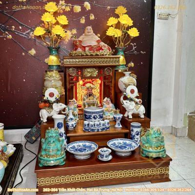 Bộ Ban Thờ Thần Tài Hiện Đại Gỗ Sồi Triện Sen Dát Vàng Màu Hương Sứ Men Lam