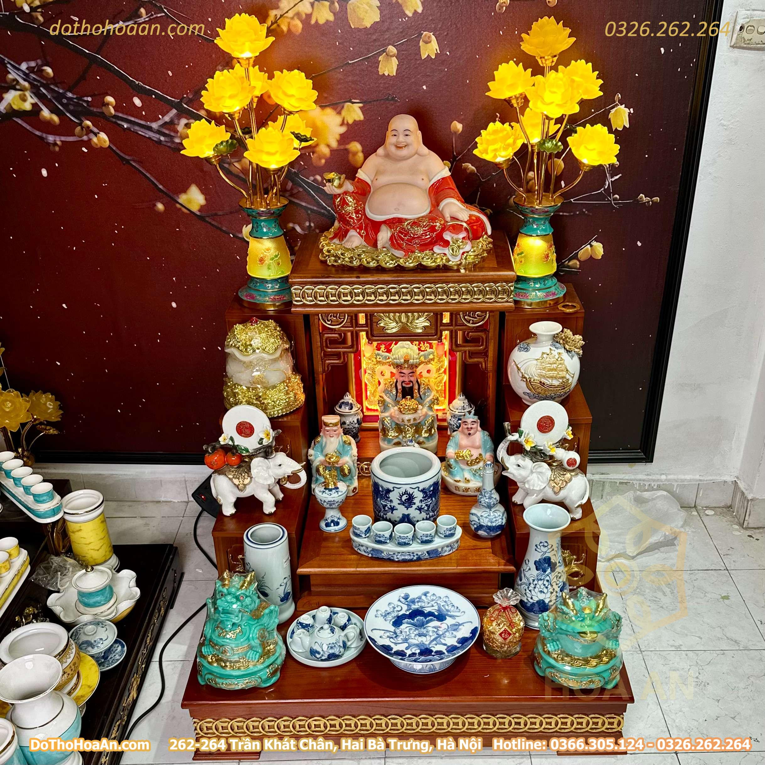 Bộ Ban Thờ Thần Tài Hiện Đại Gỗ Sồi Triện Sen Dát Vàng Màu Hương Sứ Men Ngọc (10)